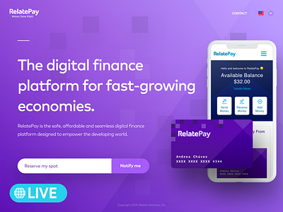 RelatePay Coming Soon Page is Live! accessibility design interface landing page mobility money online payment platform relatepay ui website