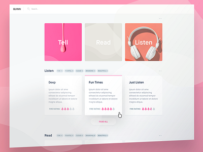 Quinn Homepage Preview design homepage interface landing page listen preview quinn read tell ui website