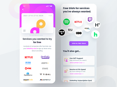 DoNotPay Free Trial Card app card card design circles credit card dailyui donotpay free apps free trials hulu mobile netflix pink pink logo spotify twitch logo wsj
