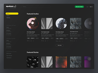 Quinn Homepage 2.0 audio design feed homepage landing page music playlist quinn ui website