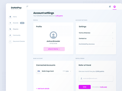 DoNotPay Account Page customer dashboard design dispute donotpay landing page money reward service ticket ui website