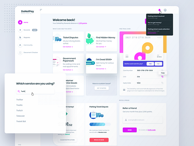 DoNotPay Activate Card and Notification Screens card donotpay landing page money payment security services tickets ui ux website