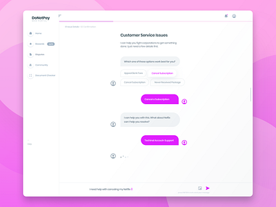 DoNotPay Web Application Chat Screen chat conversation customer interface landingpage pink service solution ui ux website