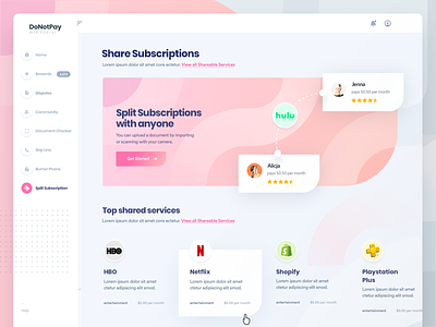 DoNotPay Share Subscriptions Homepage for Web