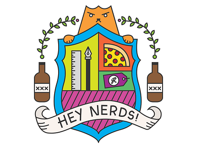 Hey Nerds beer cats crest design leaves pen pizza ruler tags