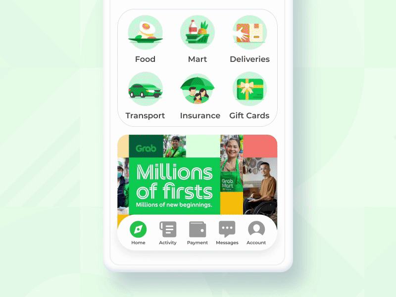 Micro-Interactions Home account design food grab green home icon iconography illustration messaages payment transport ui ux