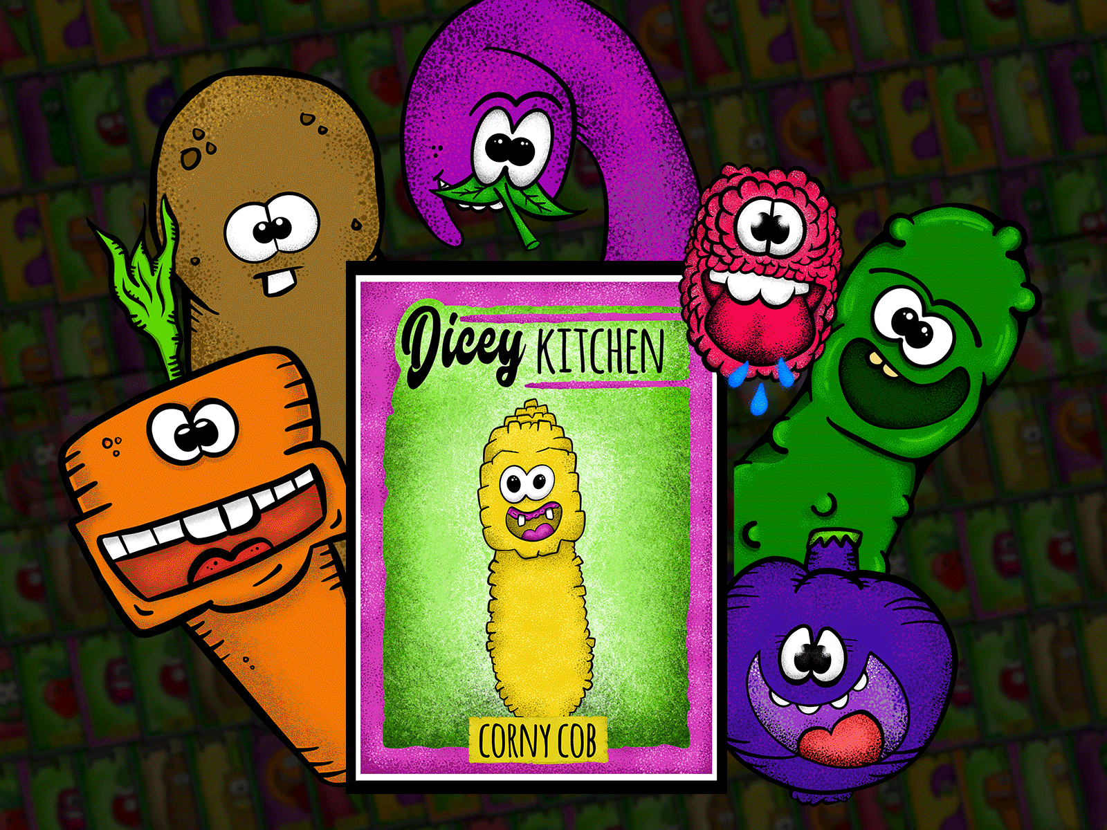 Dicey Kitchen Trading Cards character fun food illustration procreate trading cards