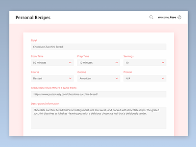 Personal Recipes - Adding Recipe Form clean minimal ui uiux web design