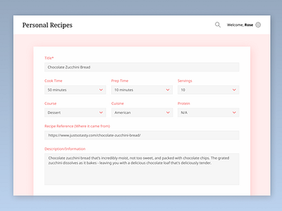 Personal Recipes - Adding Recipe Form