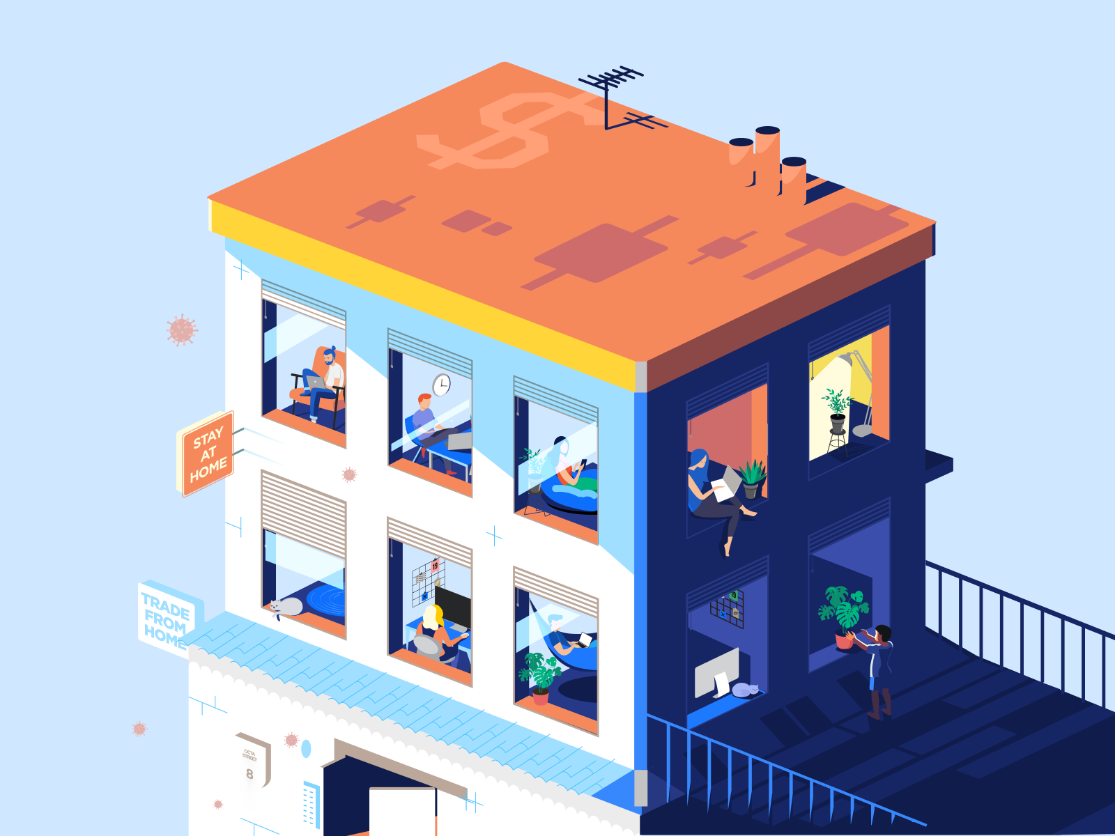 Stay at Home art battle colors computer covid design flat gisterson holiday house illustration isolation isometric isometry trade virus