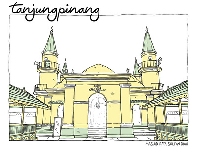 Masjid Raya Sultan Riau drawing illustration