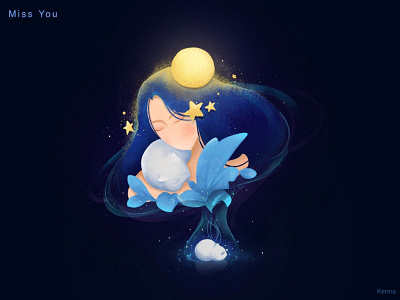Miss You cat girl illustration night procreate app starry