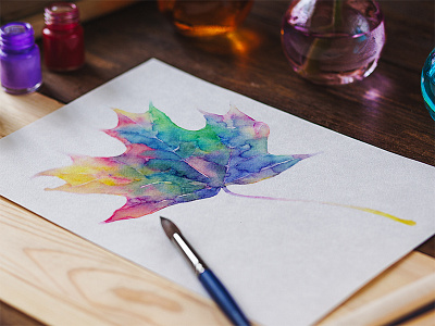 Watercolor multicolored leaf of maple