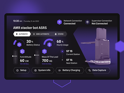Autonomous Stacker Control Panel app dark dashboar dashboard forklift future futuristic gauge purple screen sharp ui