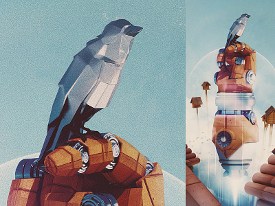 Sky Punch! 3d android animal c4d cinema 4d clouds crow digital illustration punch robot sky