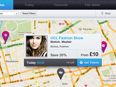 Mapview blue design event fashion grid interface map model pin popup show tickets ui view web website