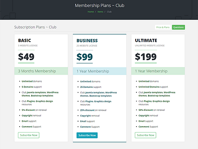 InAnnex.com Club Pricing Page Design blue bootstrap4 green grey light blue plan pricing table ui ux web white
