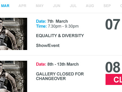 Calendar of Events for Art Gallery calendar design rgb typography web