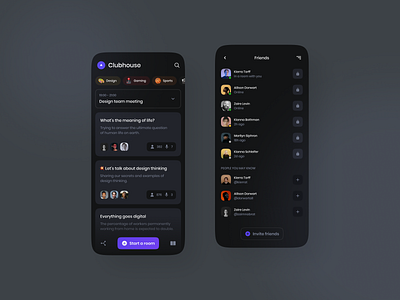 Clubhouse Concept (Dark Mode) app application categories clubhouse concept dark mode dark theme friends improved invite friends meetings redesign rooms suggestions ui update ux