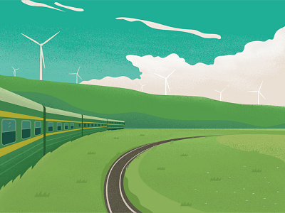 Green train grassland green illustration train windmill