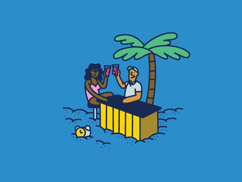 Every Hour is Happy Hour bar beach cartoon cheers drinks maragarita palm tree sand swimsuit tiki toasting vacation