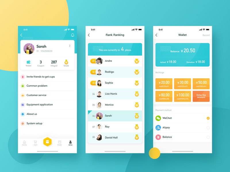 Dispenser-User Side-2 ui ux color card food icons personal center rank ranking wallet recharge