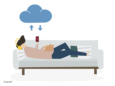 Cloud 3 cat cloud couch download enjoyment headphones listening music share sofa upload