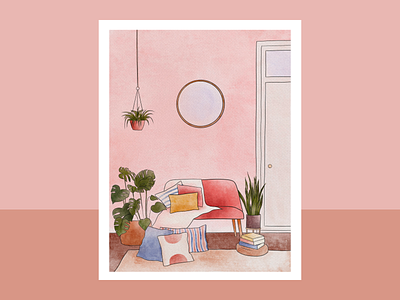 Interiors Series: Couch cushions illustration illustrator interiors ipadpro monochrome pink plants procreate sofa
