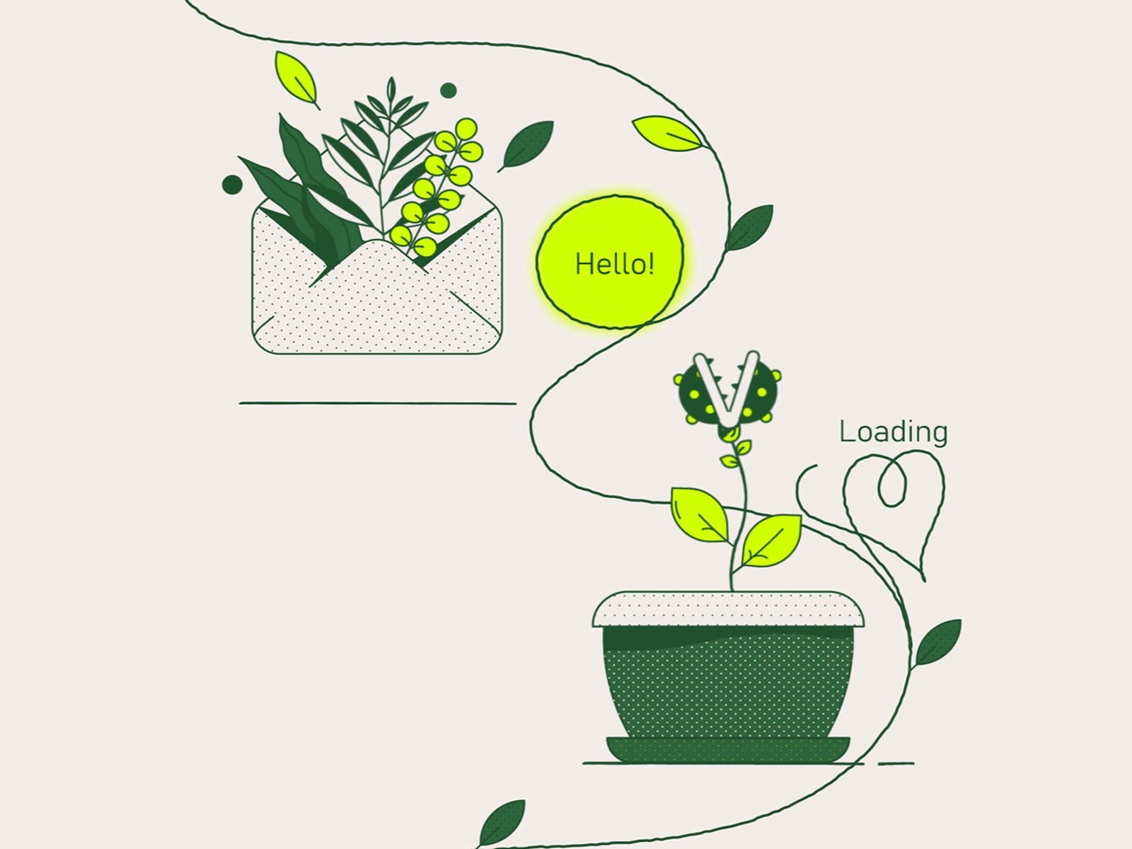ROOTED animation series 2d after effects animation art cute envelope gif green hello illustration loop motion plants texture uiux
