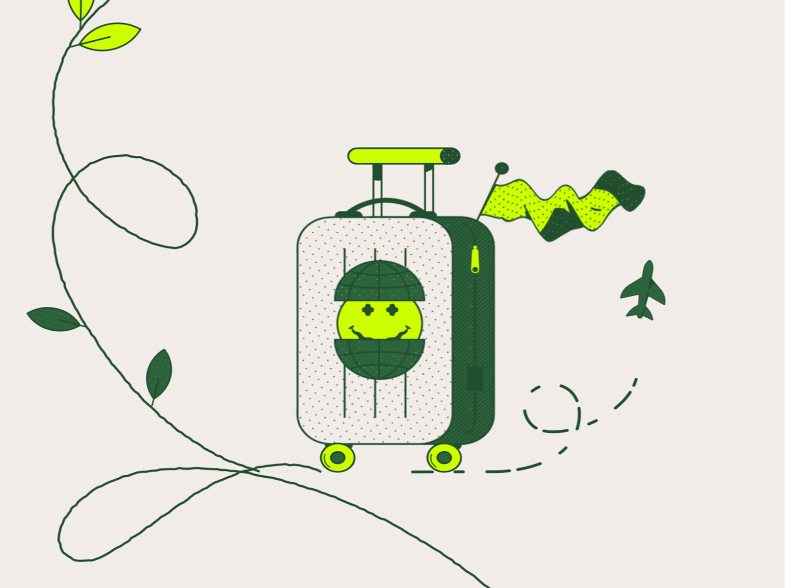 ROOTED animation series 2d after effects animation clean gif green loop motion plane plant socks suitcase traveling uiux vector world