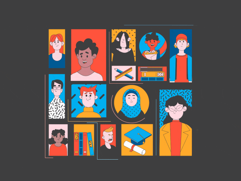 Crazy Students :) 2d after effect character collor cute design education flat gif illustration minimal motion orange people red simple sketch texture vector yellow