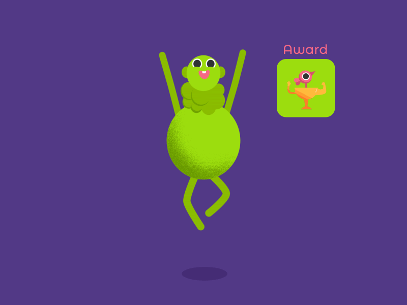 Exited Monster 2d after effects animal animation app art award bird character cute green happy illustration minimal monster motion pink purple texture vector