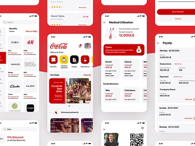 Coca-cola HR app app design application applications benefits coca cola hr leaves medical mobile app my hr red ui