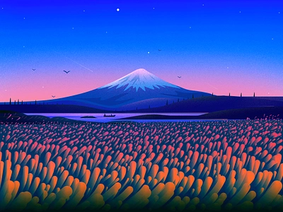 Mount Fuji birds boat colors fuji illustration illustrator journey landscape landscape illustration mountain nature nature illustration places river sky texture travel