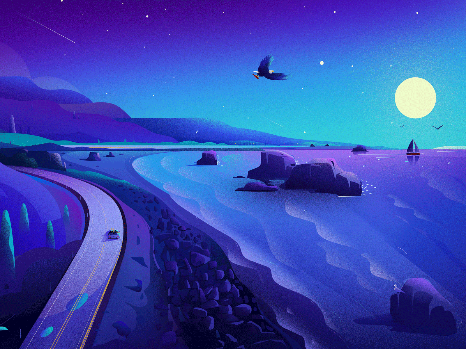 Pacific Coast Highway in - Oregon eagle highway illustration illustrations journey landscape landscape illustration moon nature nature illustration pacific ride travel trip vector