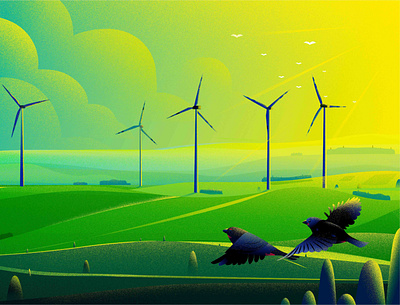 Energy bird energy finch green hill illustration landscape light morning nature sun tree uk windmill