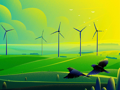 Energy bird energy finch green hill illustration landscape light morning nature sun tree uk windmill