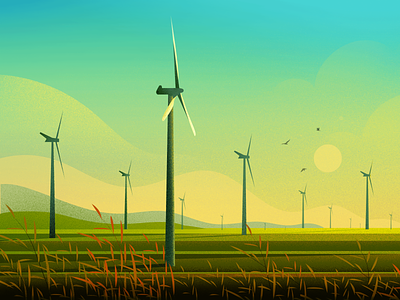 Windmill bird hill illustration landscape light nature sunset tree vector windmill