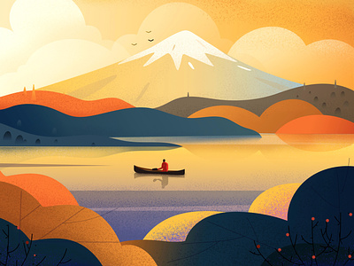 Mount Fuji bird evening illustration illustrations light nature sunset tree