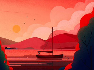 Boat evening hill illustration illustrations landscape light nature pixelmator sunset tree vector