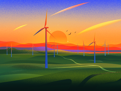 Windmill energy evening illustration illustrations landscape light nature nature illustration sun windmill