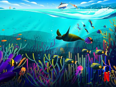 Underwater boat camera coral coral reef filmmakers fish illustration illustrations landscape li light nature tortoise underwater vector water