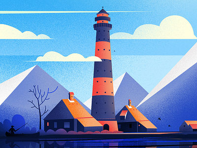 Westerheversand Lighthouse. art blue design hill illustration illustrations landscape light lighthouse nature tree vector winter