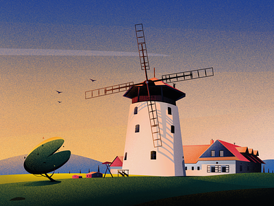 Windmill Bukovany art bukovany evening hill home illustration illustrations landscape light nature sunset tree windmill