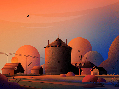 Wind mill in Němčice, bird colour evening illustration illustrations landscape light mill nature sunset tree vector
