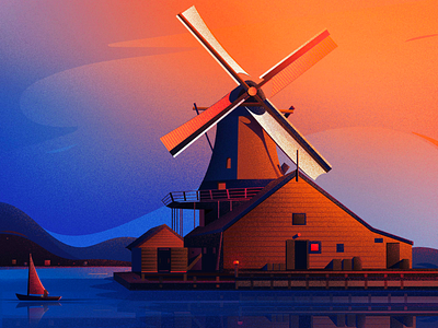 De Huisman_Mill art bird blue boat costal illustration landscape light mill in zaandam mill in zaandam nature nature illustration sky sunset texture