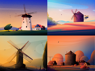 New Behance Project 🌟 behance blue evening illustrations landscape light nature sunset tree vector windmills