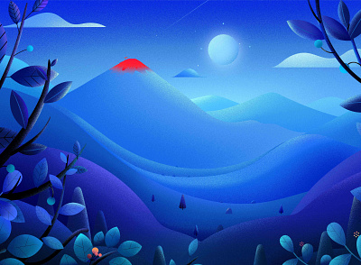Mesozoic Moon blue clouds dinosaurs hill illustration landscape lava light moonlight nature period tree vector