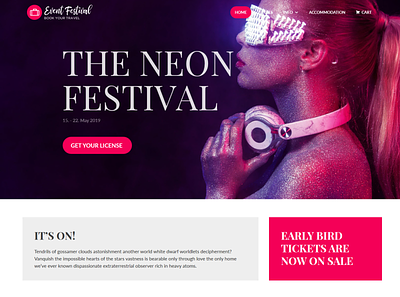 Event & Festival WordPress Theme booking system camping ecommerce envato event event branding festival festive homepage hotel booking landing page neon neon colors pink themeforest ticket ticket booking website concept wordpress wordpress theme