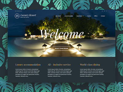 Luxury Hotel WordPress Theme booking system dark gold homepage hotel hotel booking hotel branding hotel website interaction design interactive landing page room booking rooms tourism tropical tropical leaves website concept wordpress theme